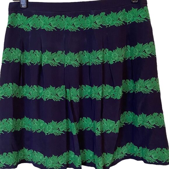 ASO The Mindy Project J. Crew 100% Silk Kelly Green Navy Blue Beanstalk Skirt - Picture 9 of 15